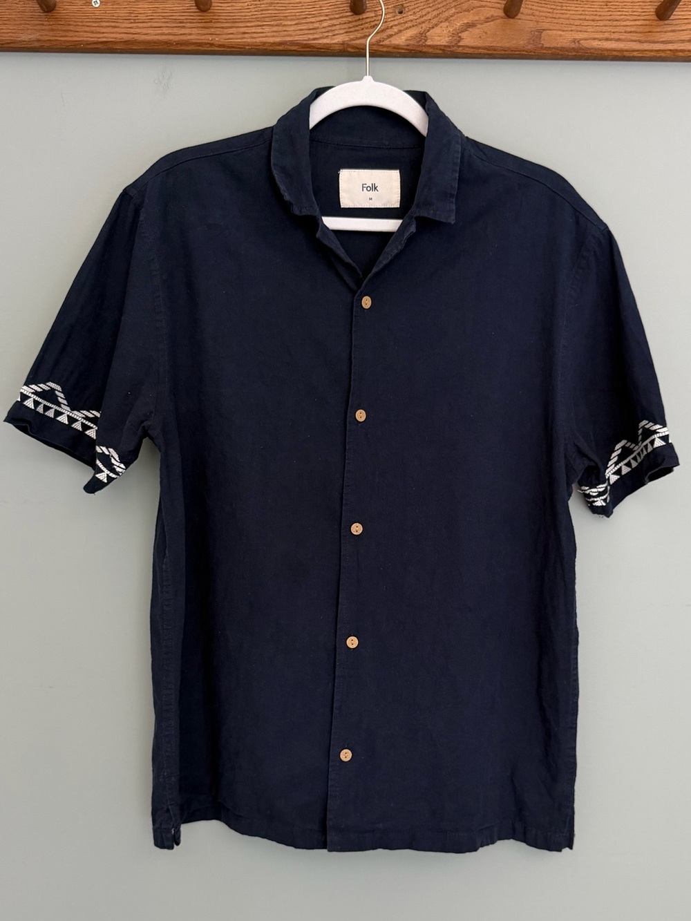 Folk Linen Cotton Navy Blue Embroidered Short Sleeve Button Down Camp Shirt